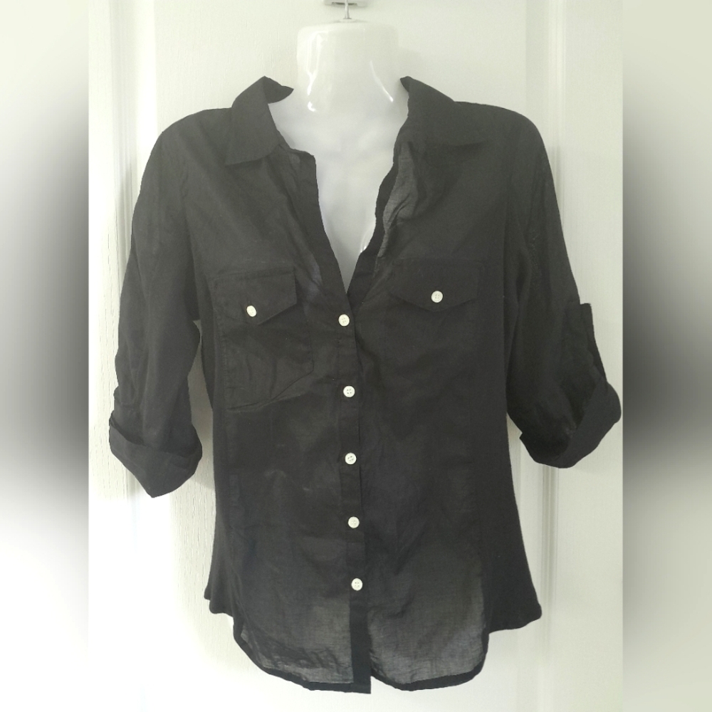V-Neck Black Button-Up Women's Top